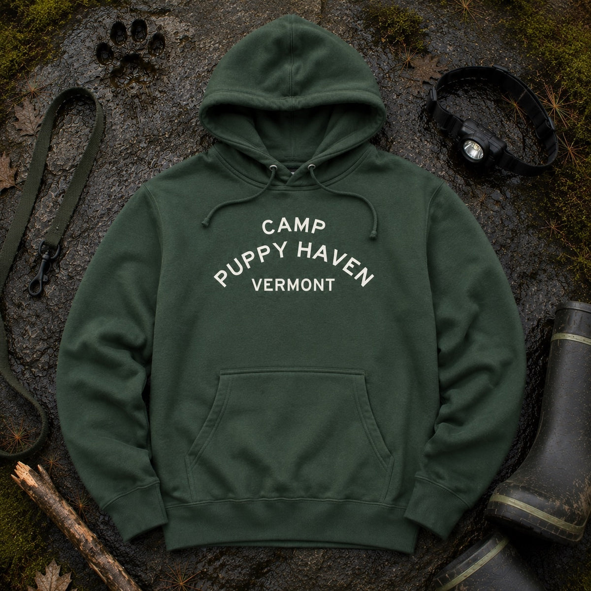 Camp Puppy Haven Vermont Hoodie in Forest Green on wet mossy stone with paw prints, an olive leash, headlamp, and rubber boots