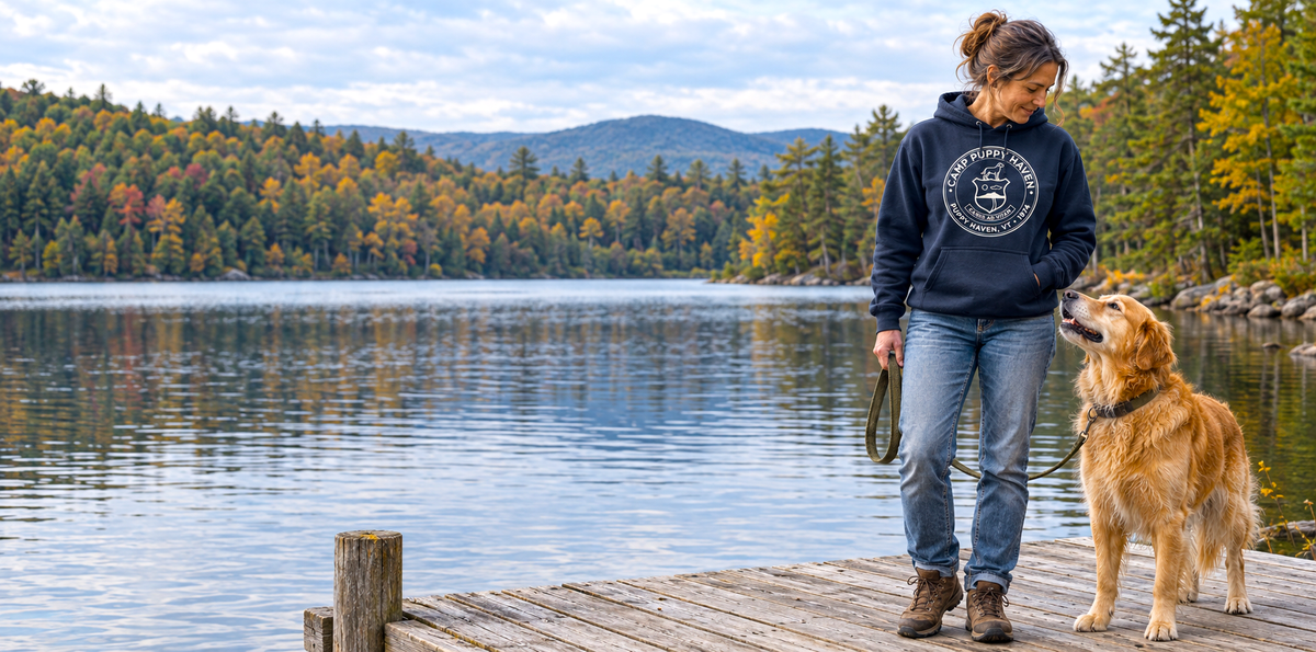 Woman in a navy Camp Puppy Haven hoodie walking a golden retriever along a lakeside dock in Vermont, with fall foliage behind them