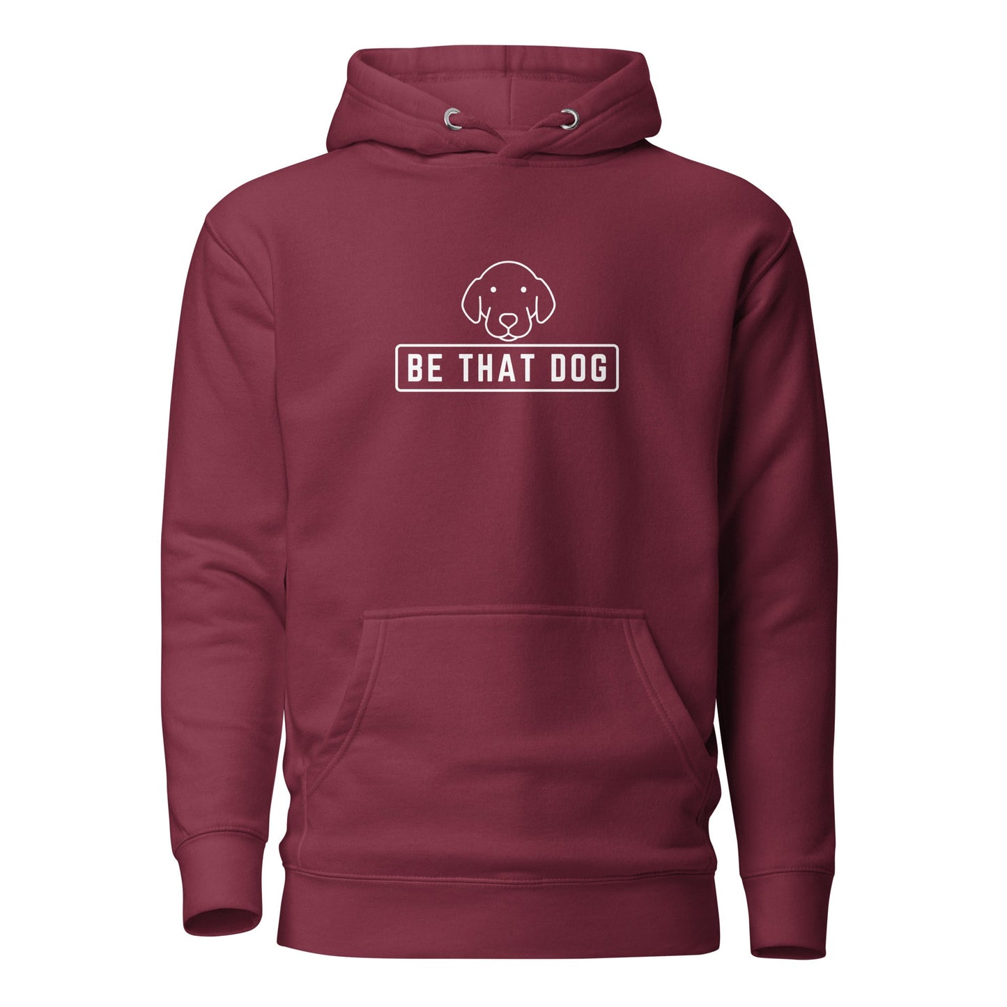 The Be THAT Dog Minimalist Hoodie by THiNK LiKE A DOG® is a sleek and cozy sweatshirt featuring a burgundy color, drawstring hood, minimalist dog design, and "BE THAT DOG" text—ideal for any dog lover's wardrobe.