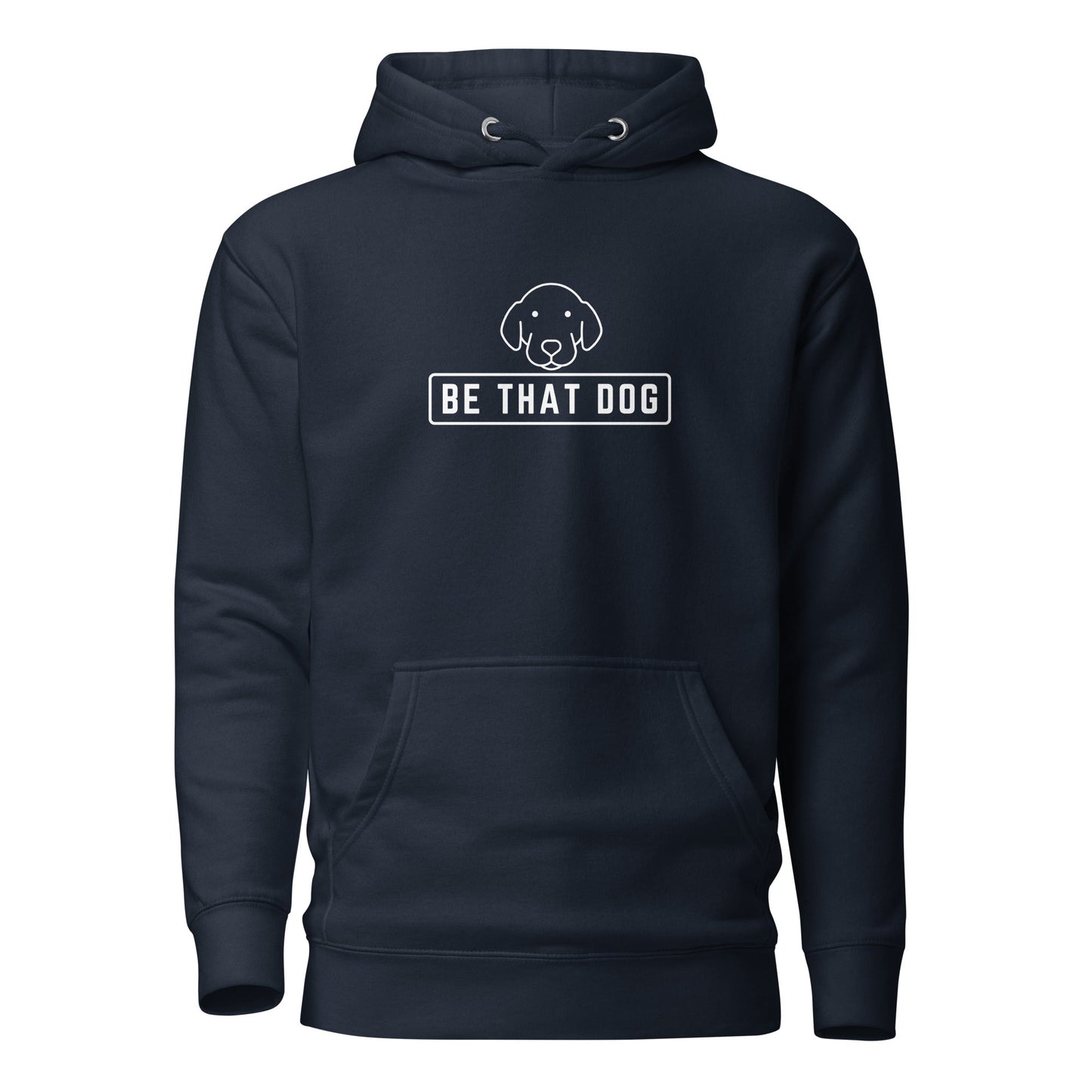 The Be THAT Dog Minimalist Hoodie by THiNK LiKE A DOG® is a navy blue sweatshirt featuring a sleek dog face design and "BE THAT DOG" text, offering style and comfort for dog lovers.