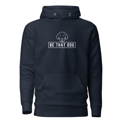 The Be THAT Dog Minimalist Hoodie by THiNK LiKE A DOG® is a navy blue sweatshirt featuring a sleek dog face design and "BE THAT DOG" text, offering style and comfort for dog lovers.