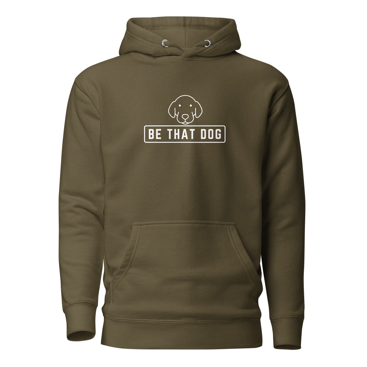 Olive green "Be THAT Dog Minimalist Hoodie" by THiNK LiKE A DOG® – a sleek, cozy dog lover sweatshirt with a minimalist dog design and "BE THAT DOG" on the front.