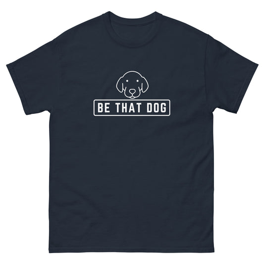 The Be THAT Dog Minimalist Pup Face Tee by THiNK LiKE A DOG® is a black 100% cotton shirt showcasing a sleek dog design with a white outline of a dog's face above the text "BE THAT DOG.