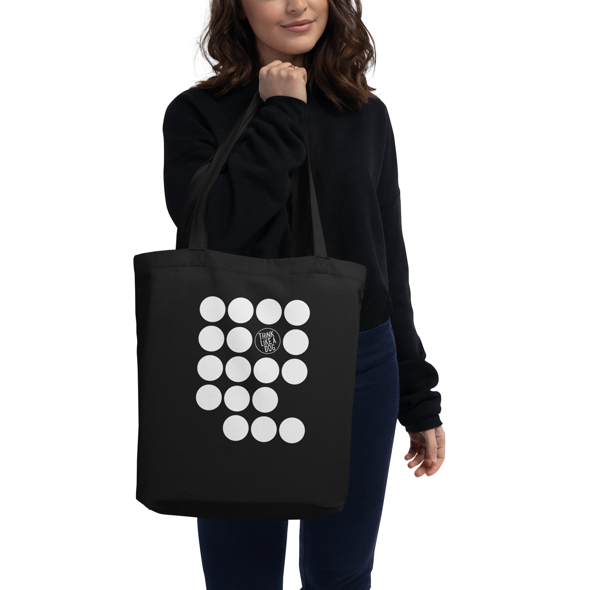 Black Eco Tote Bag with White Spots Logo - THiNK LiKE A DOG®