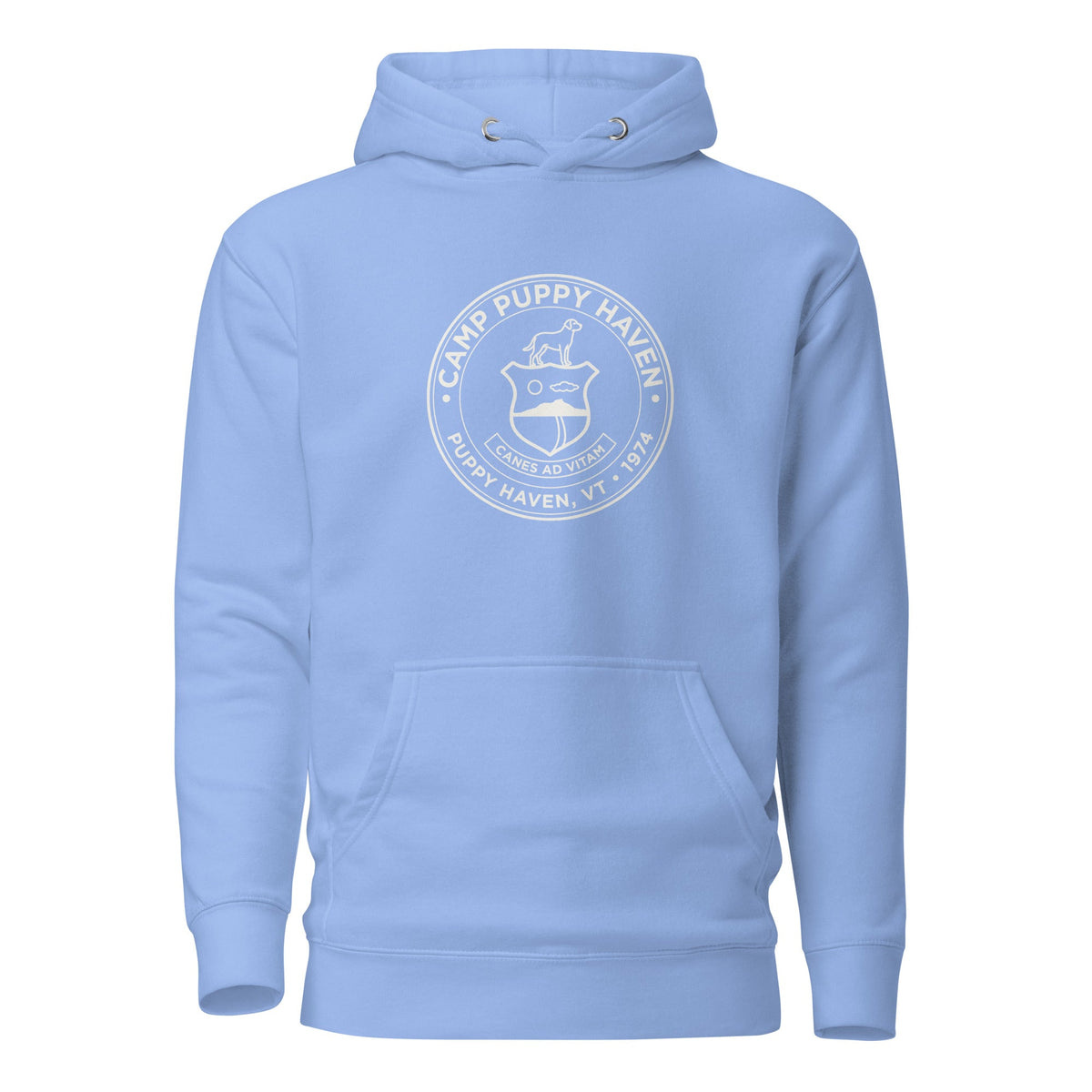 Camp Puppy Haven Badge Hoodie in Carolina Blue with navy chest seal