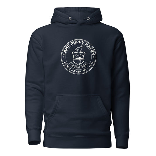 Camp Puppy Haven Badge Hoodie in Navy Blazer with cream chest seal