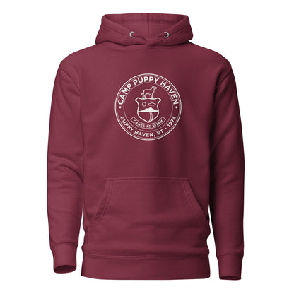 Camp Puppy Haven Badge Hoodie in Maroon with cream chest seal