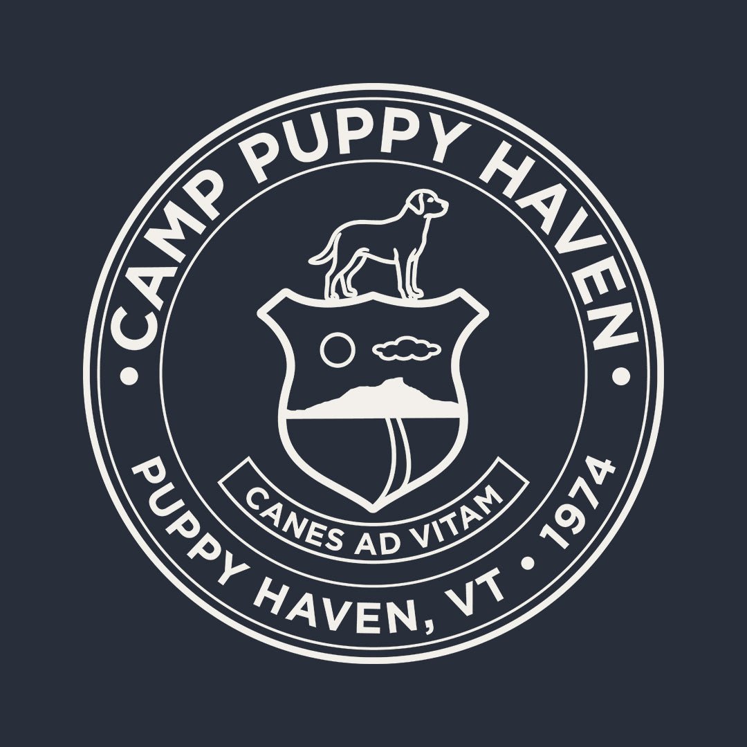 Camp Puppy Haven badge seal design, cream on navy, Canes Ad Vitam, Puppy Haven VT 1974