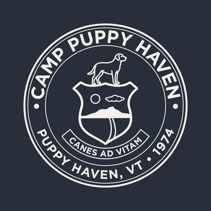Camp Puppy Haven badge seal design, cream on navy, Canes Ad Vitam, Puppy Haven VT 1974