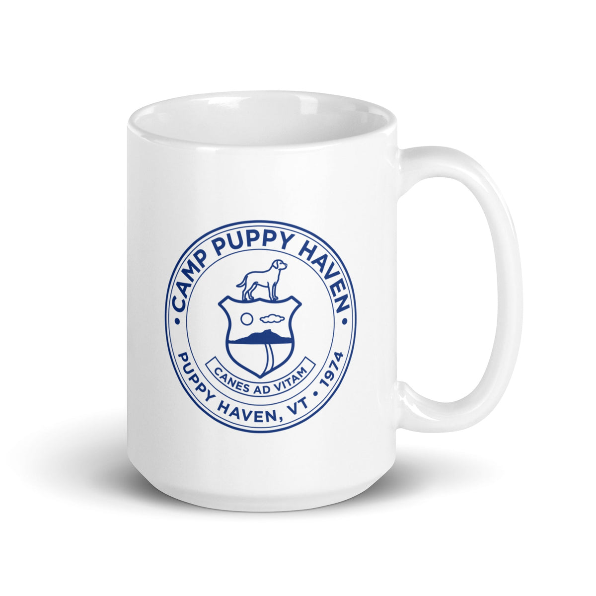 Camp Puppy Haven Badge Mug, 15 oz white glossy ceramic with navy badge seal, handle on right