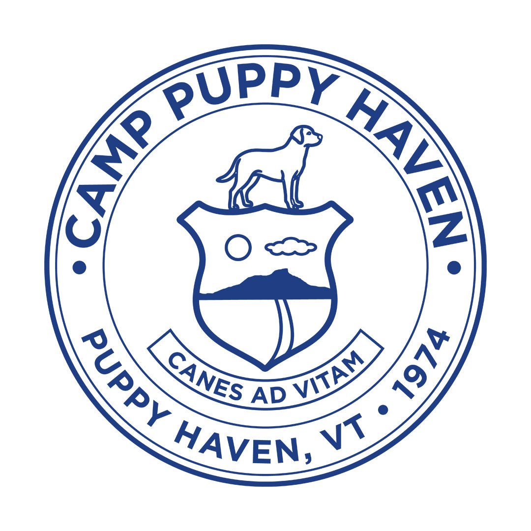 Camp Puppy Haven badge seal artwork in navy on white, Canes Ad Vitam, Puppy Haven VT 1974