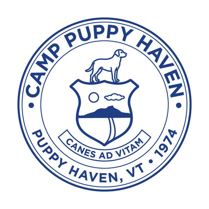 Camp Puppy Haven badge seal artwork in navy on white, Canes Ad Vitam, Puppy Haven VT 1974