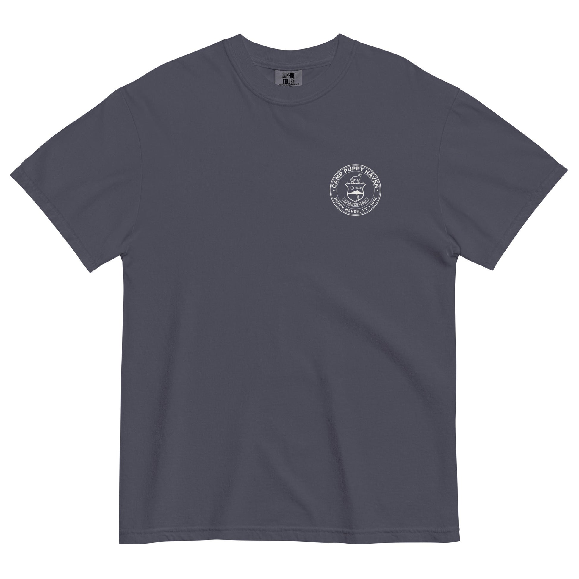 Camp Puppy Haven Badge Tee in Navy with cream badge seal on the left chest