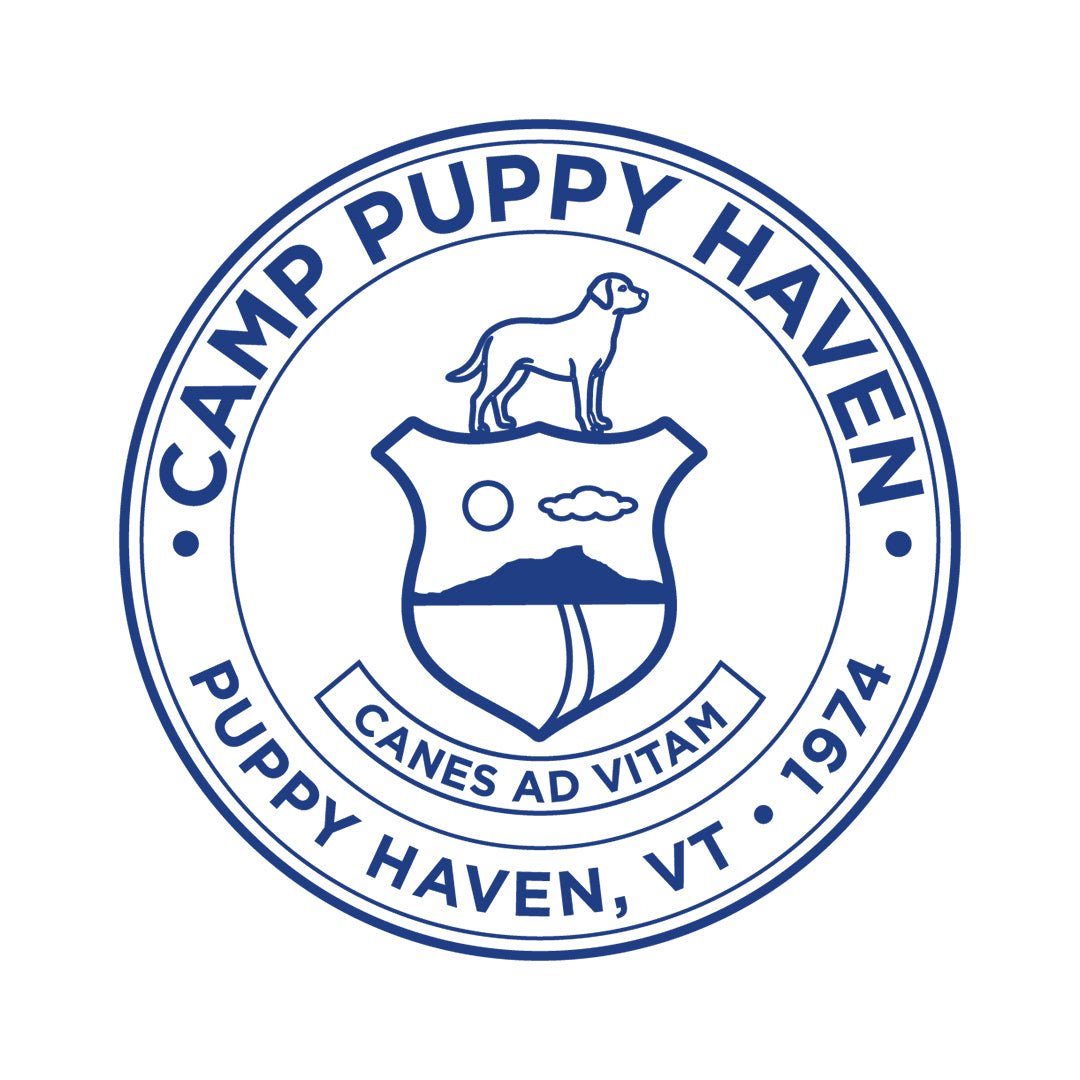 Camp Puppy Haven badge seal artwork in navy on white, Canes Ad Vitam, Puppy Haven VT 1974