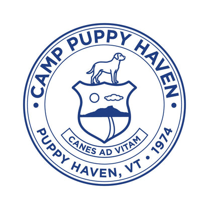 Camp Puppy Haven badge seal artwork in navy on white, Canes Ad Vitam, Puppy Haven VT 1974