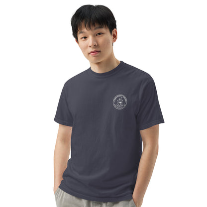 Model wearing the Camp Puppy Haven Badge Tee in Navy