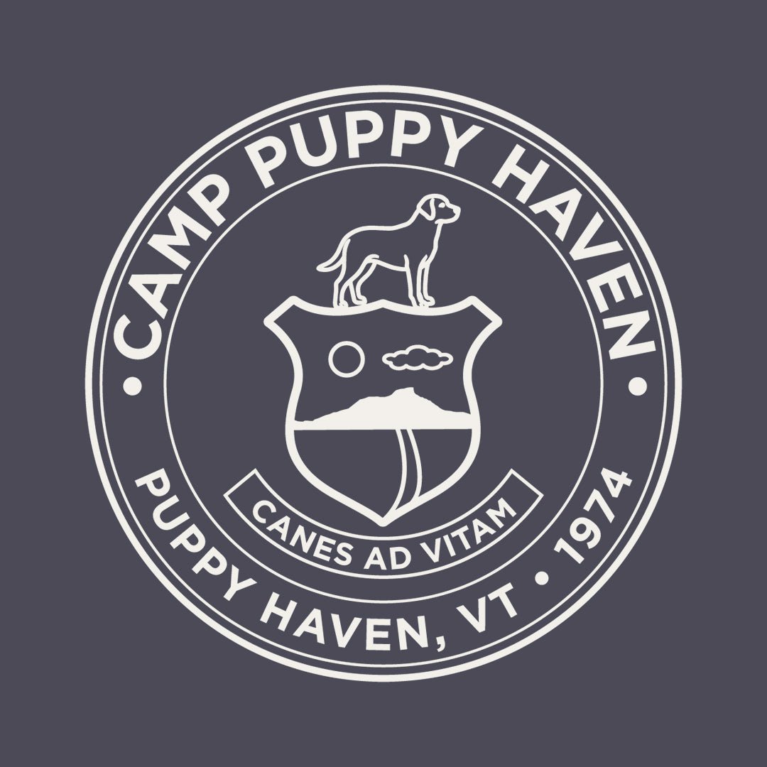 Camp Puppy Haven badge seal artwork in cream on navy, Canes Ad Vitam, Puppy Haven VT 1974