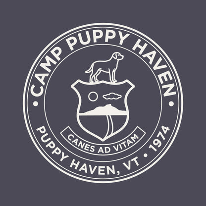 Camp Puppy Haven badge seal artwork in cream on navy, Canes Ad Vitam, Puppy Haven VT 1974