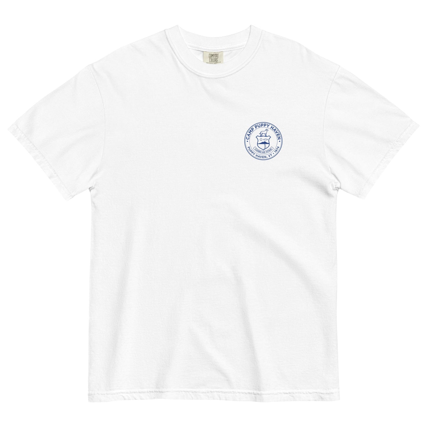 Camp Puppy Haven Badge Tee in White with navy badge seal on the left chest