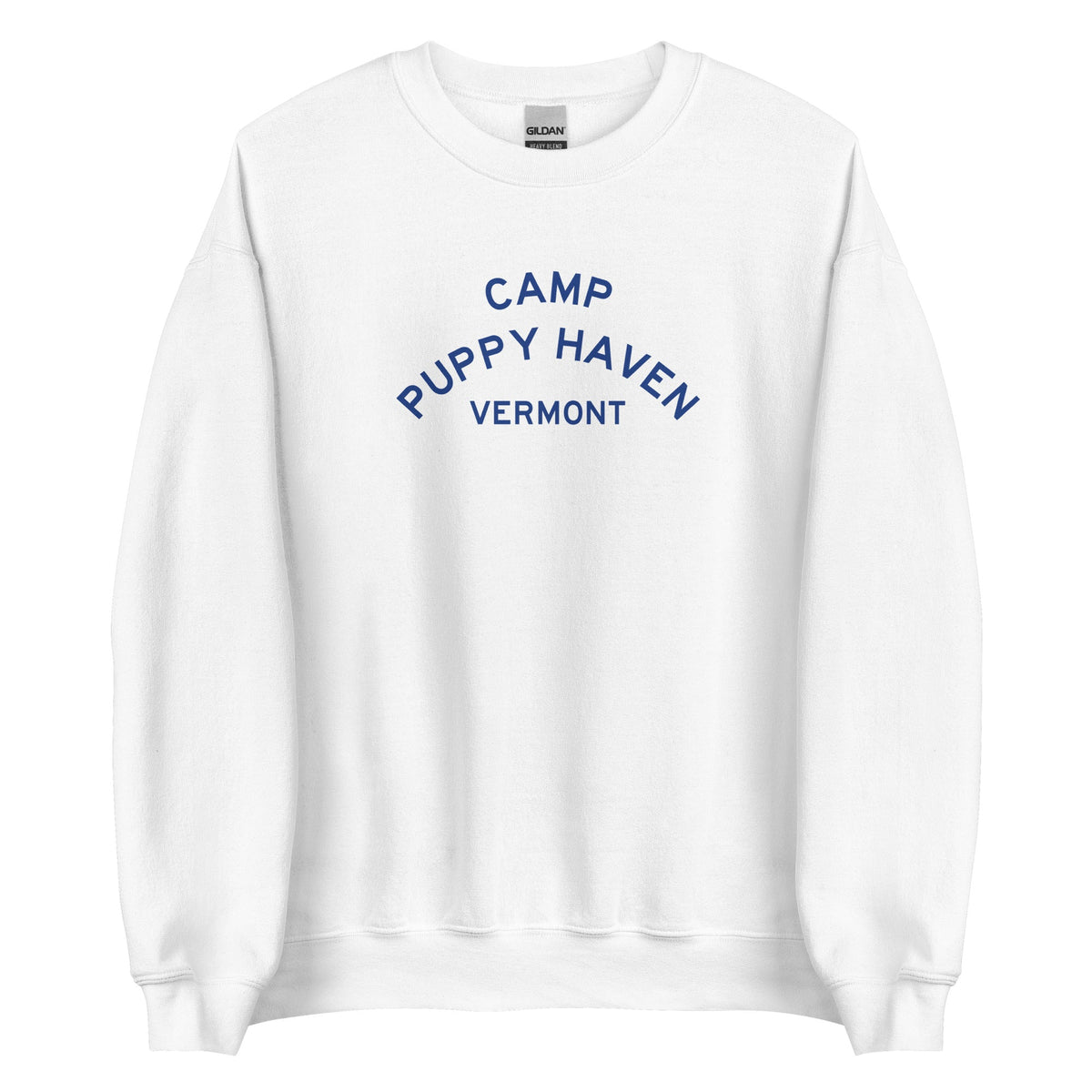 Camp Puppy Haven Vermont crewneck sweatshirt in White with navy three-tier camp lettering