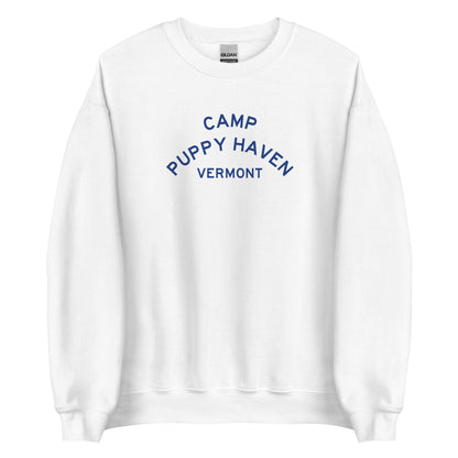 Camp Puppy Haven Vermont crewneck sweatshirt in White with navy three-tier camp lettering