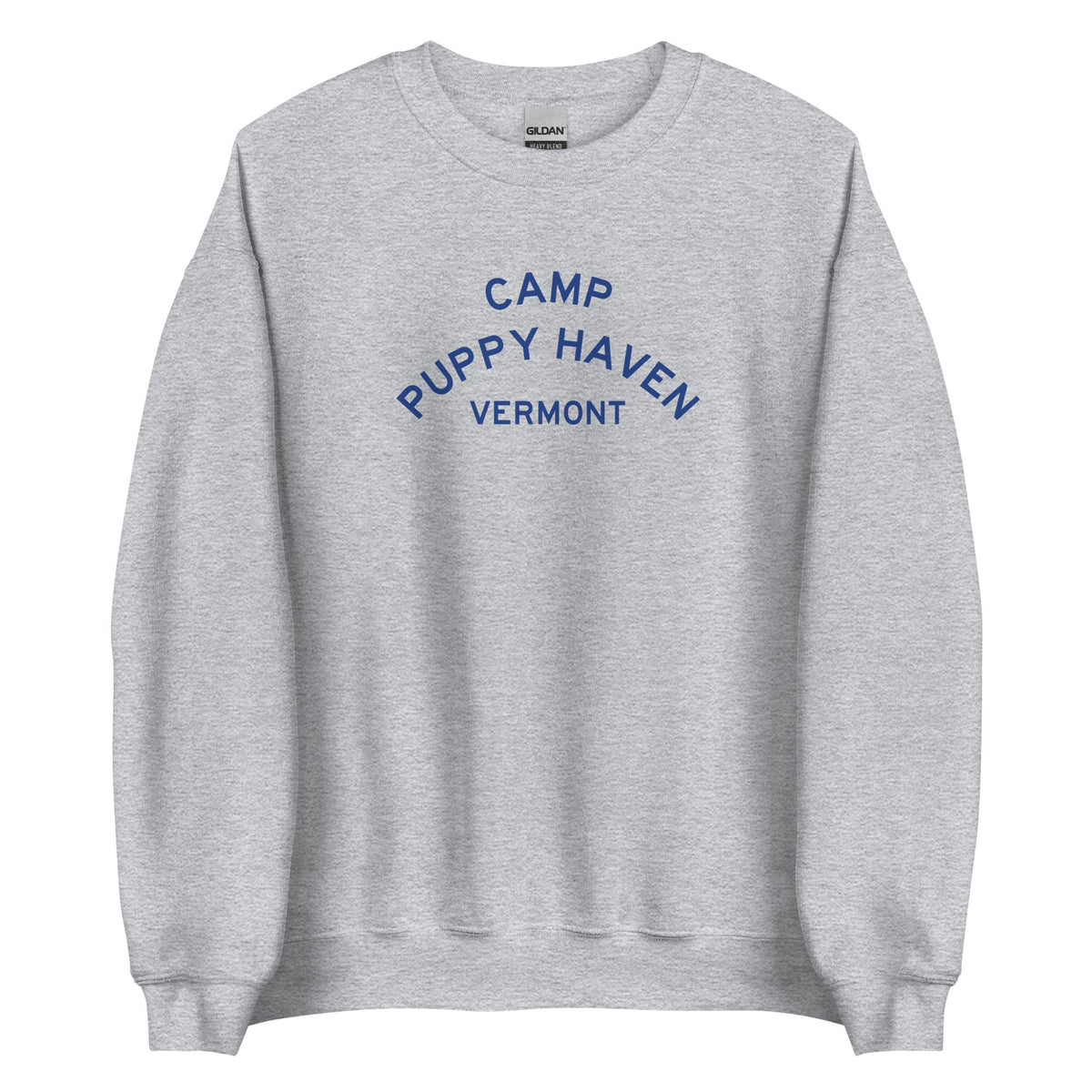 Camp Puppy Haven Vermont crewneck sweatshirt in Sport Grey with navy three-tier camp lettering