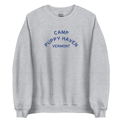 Camp Puppy Haven Vermont crewneck sweatshirt in Sport Grey with navy three-tier camp lettering