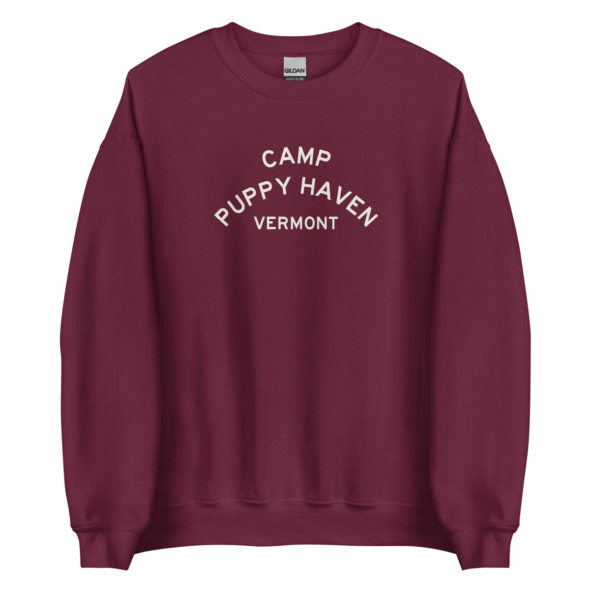 Camp Puppy Haven Vermont crewneck sweatshirt in Maroon with cream three-tier camp lettering
