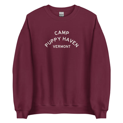 Camp Puppy Haven Vermont crewneck sweatshirt in Maroon with cream three-tier camp lettering