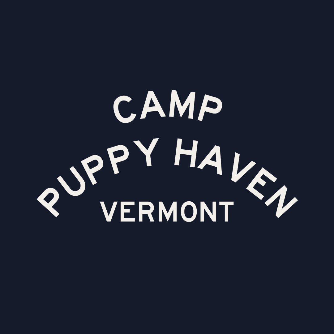 Camp Puppy Haven Vermont print design in cream, three-tier camp lettering in Highway Gothic, est. 1974