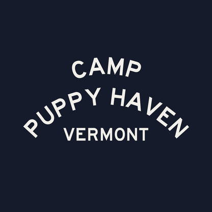 Camp Puppy Haven Vermont print design in cream, three-tier camp lettering in Highway Gothic, est. 1974