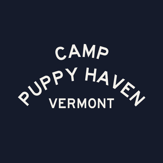 Camp Puppy Haven Vermont print design in cream, three-tier camp lettering in Highway Gothic, est. 1974