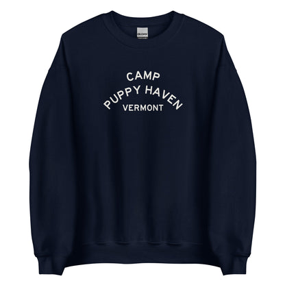 Camp Puppy Haven Vermont crewneck sweatshirt in Navy with cream three-tier camp lettering