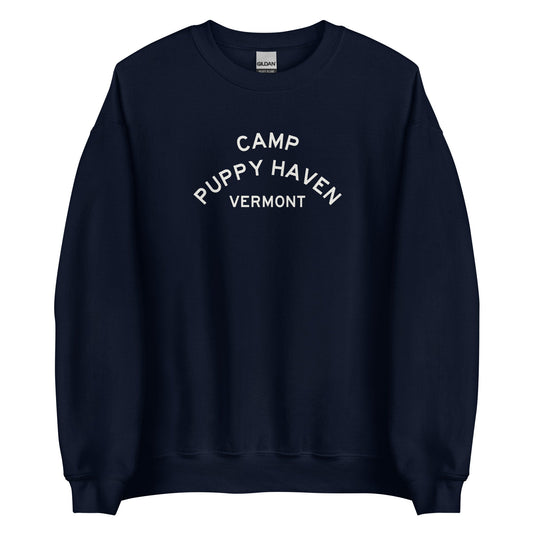 Camp Puppy Haven Vermont crewneck sweatshirt in Navy with cream three-tier camp lettering