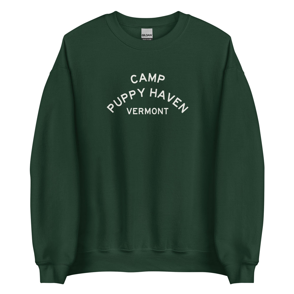 Camp Puppy Haven Vermont crewneck sweatshirt in Forest Green with cream three-tier camp lettering