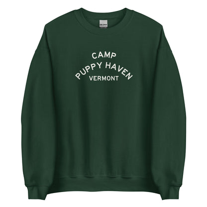 Camp Puppy Haven Vermont crewneck sweatshirt in Forest Green with cream three-tier camp lettering