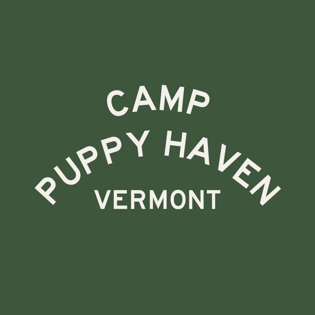 Camp Puppy Haven Vermont print design, three-tier camp lettering in Highway Gothic, est. 1974