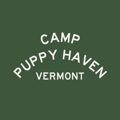Camp Puppy Haven Vermont print design, three-tier camp lettering in Highway Gothic, est. 1974