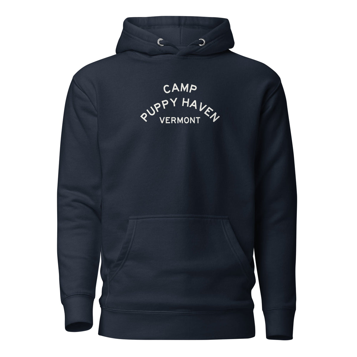Camp Puppy Haven Vermont hoodie in Navy Blazer with cream three-tier camp lettering