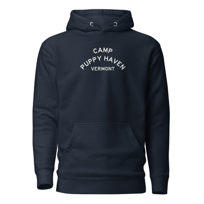 Camp Puppy Haven Vermont hoodie in Navy Blazer with cream three-tier camp lettering