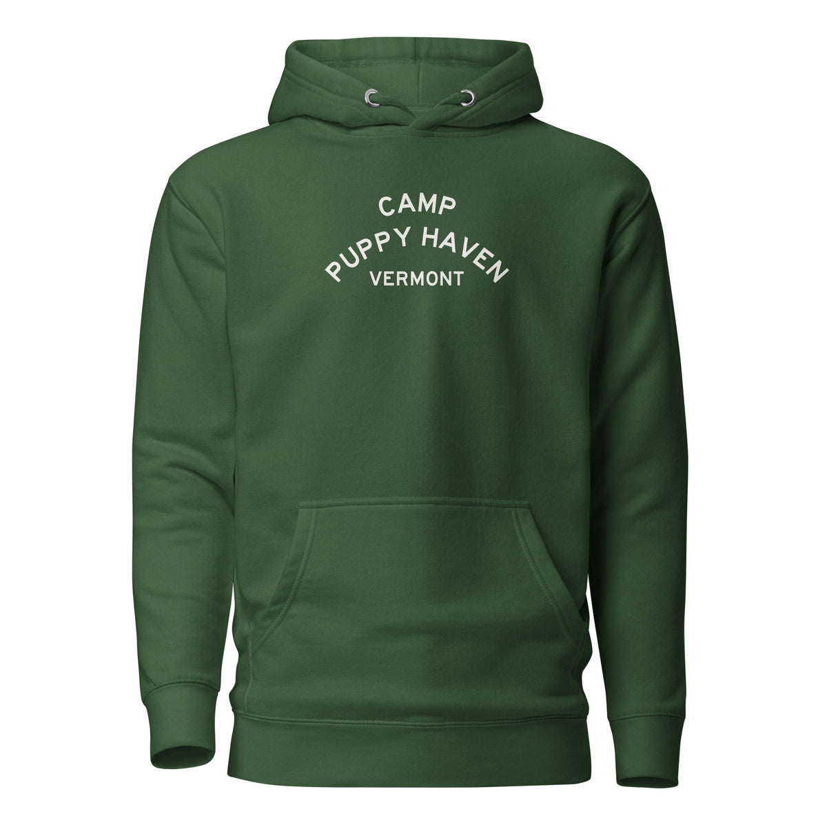 Camp Puppy Haven Vermont hoodie in Forest Green with cream three-tier camp lettering