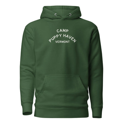 Camp Puppy Haven Vermont hoodie in Forest Green with cream three-tier camp lettering