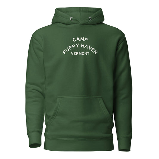 Camp Puppy Haven Vermont hoodie in Forest Green with cream three-tier camp lettering