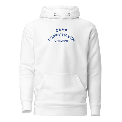 Camp Puppy Haven Vermont hoodie in White with navy three-tier camp lettering