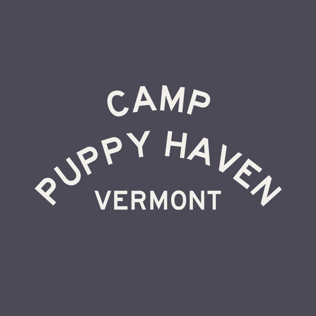 Camp Puppy Haven Vermont print design, three-tier camp lettering in Highway Gothic, est. 1974