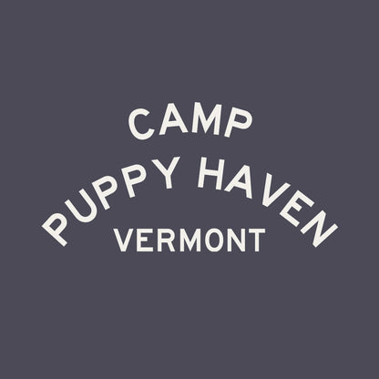 Camp Puppy Haven Vermont print design, three-tier camp lettering in Highway Gothic, est. 1974