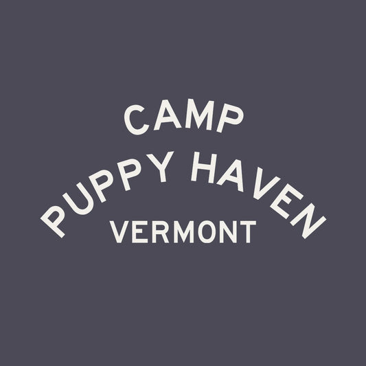 Camp Puppy Haven Vermont print design, three-tier camp lettering in Highway Gothic, est. 1974