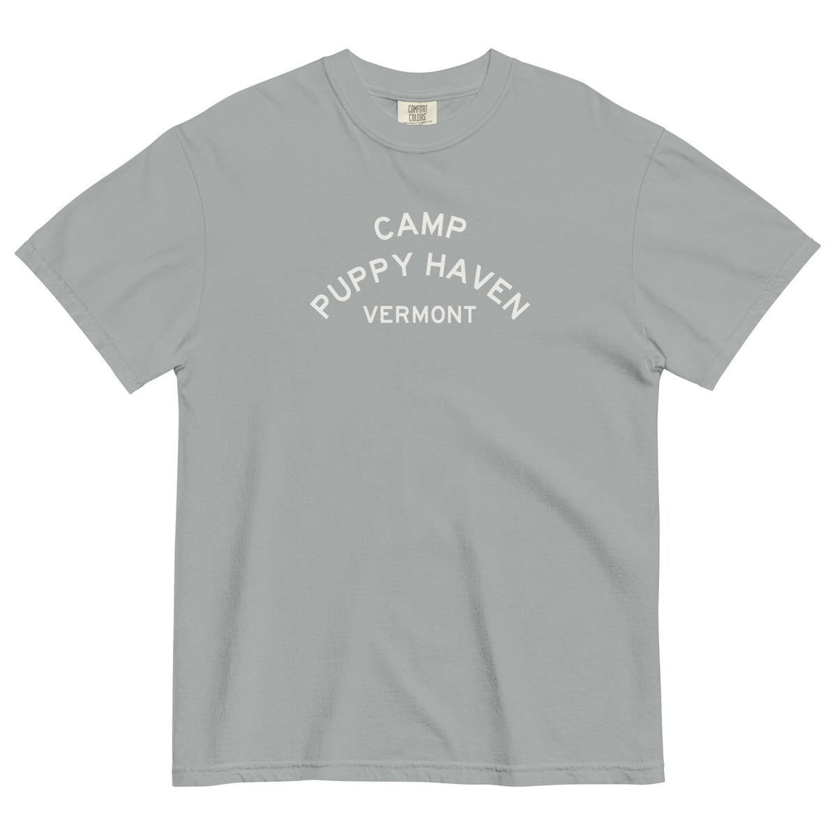 Camp Puppy Haven Vermont tee in Granite with navy three-tier camp lettering