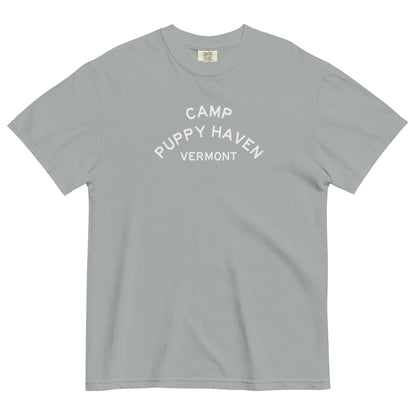 Camp Puppy Haven Vermont tee in Granite with navy three-tier camp lettering