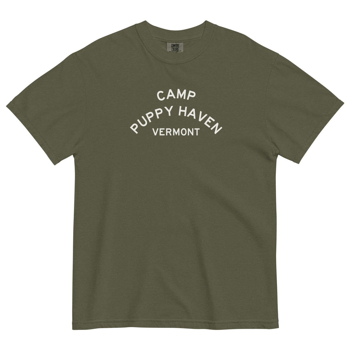 Camp Puppy Haven Vermont tee in Sage with cream three-tier camp lettering